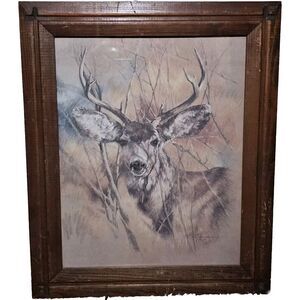 Deer Portrait Original Wood Framed Print Signed Nature Country Wall Decor